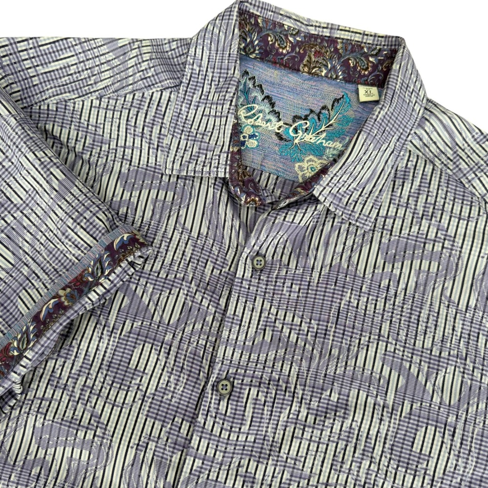 Robert Graham Rum Swizzle Mens XL Purple Striped Short Sleeve Button Up Shirt